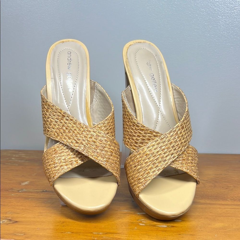 Andrew Geller Tan Wedge Sandals with Basketweave Design - Picture 2 of 10